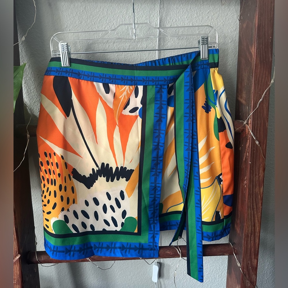 Colorful Wrap Tie Skirt with Blue Trim - Picture 6 of 6
